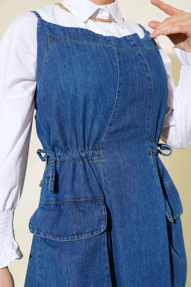 Çift Askılı Kot Jile Elbise Kot Mavisi - Resim 4