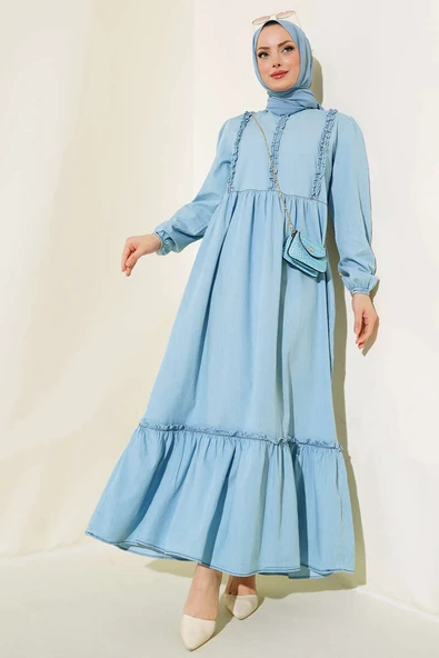 Önü Fırfırlı Kot Elbise Buz Mavisi ürün görseli 1