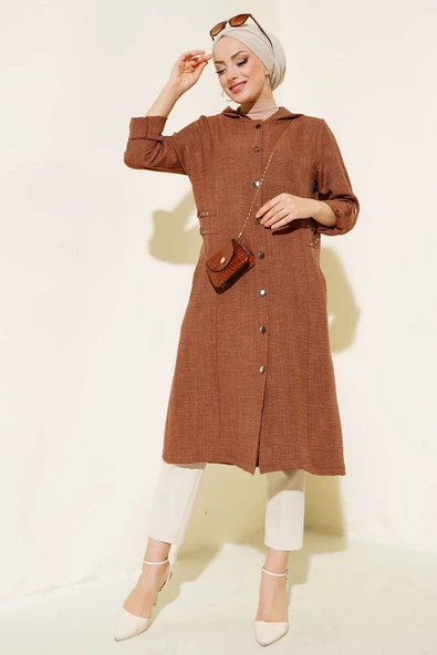 Zımba Detaylı Kapüşonlu Kap Taba - Resim 2