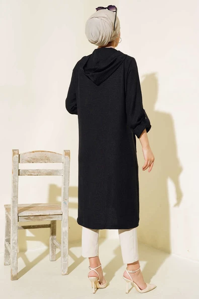 Zımba Detaylı Kapüşonlu Kap Siyah - Resim 3