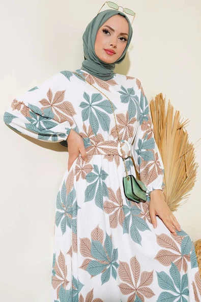 Yaprak Desenli Mevlana Elbise Çağla Yeşili - Resim 2