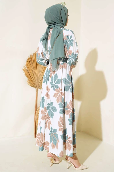 Yaprak Desenli Mevlana Elbise Çağla Yeşili - Resim 3