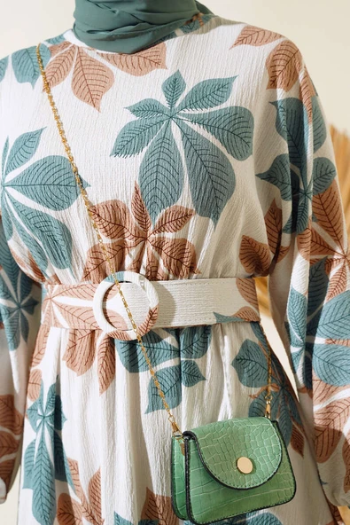 Yaprak Desenli Mevlana Elbise Çağla Yeşili - Resim 4