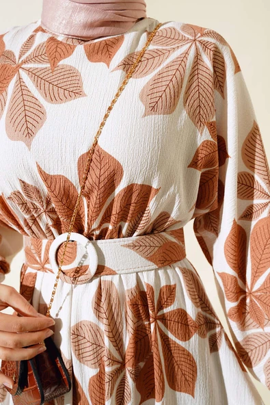 Yaprak Desenli Mevlana Elbise Latte - Resim 4