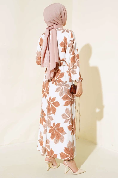 Yaprak Desenli Mevlana Elbise Latte - Resim 3