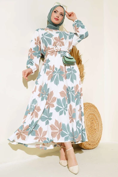 Yaprak Desenli Mevlana Elbise Çağla Yeşili ürün görseli 1