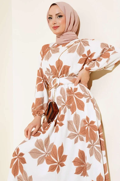 Yaprak Desenli Mevlana Elbise Latte - Resim 2