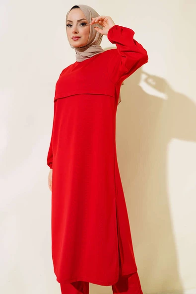 Yırtmaçlı Uzun İkili Takım Kırmızı - Resim 2