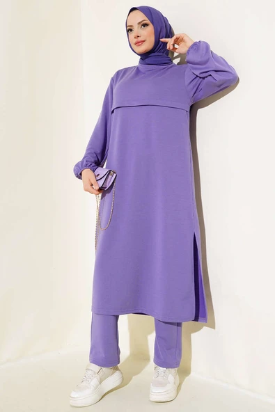 Yırtmaçlı Uzun İkili Takım Lila ürün görseli 1