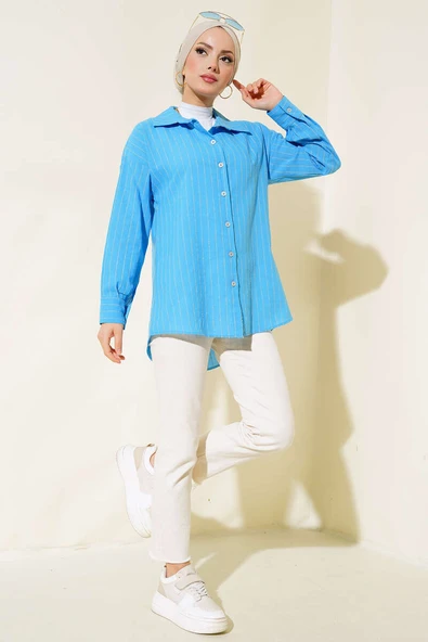 Dikey Çizgili Gömlek Mavi - Resim 2