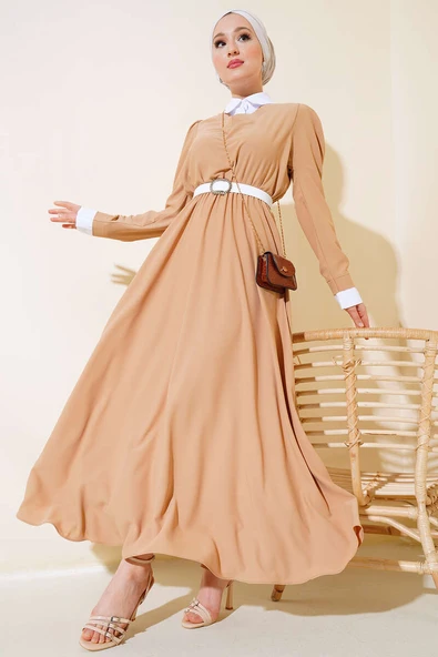 Gömlek Yakalı Elbise Latte - Resim 2