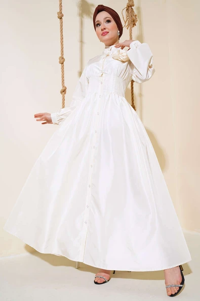 Tafta Gül Aksesuarlı Elbise Ekru - Resim 2