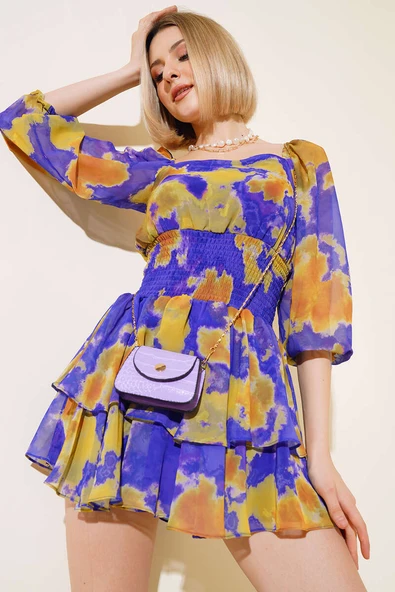 Ebru Desen Bel Büzgülü Fırfırlı Elbise Mor ürün görseli