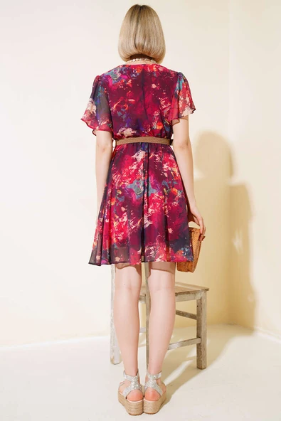 Ebru Desen Kemerli Midi  Elbise Bordo - Resim 3