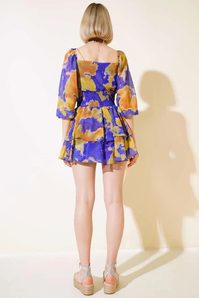 Ebru Desen Bel Büzgülü Fırfırlı Elbise Mor - Resim 4