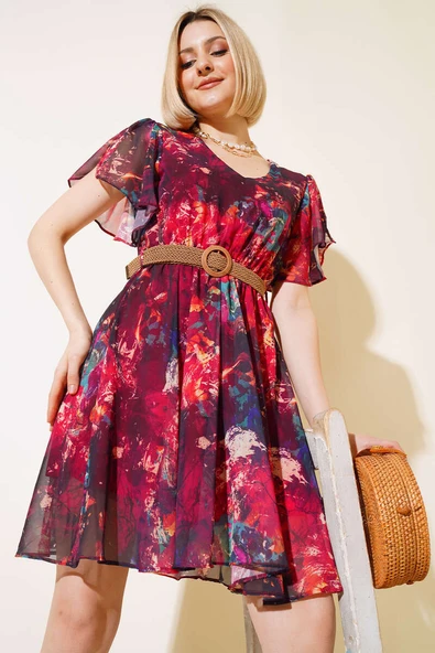 Ebru Desen Kemerli Midi  Elbise Bordo - Resim 2