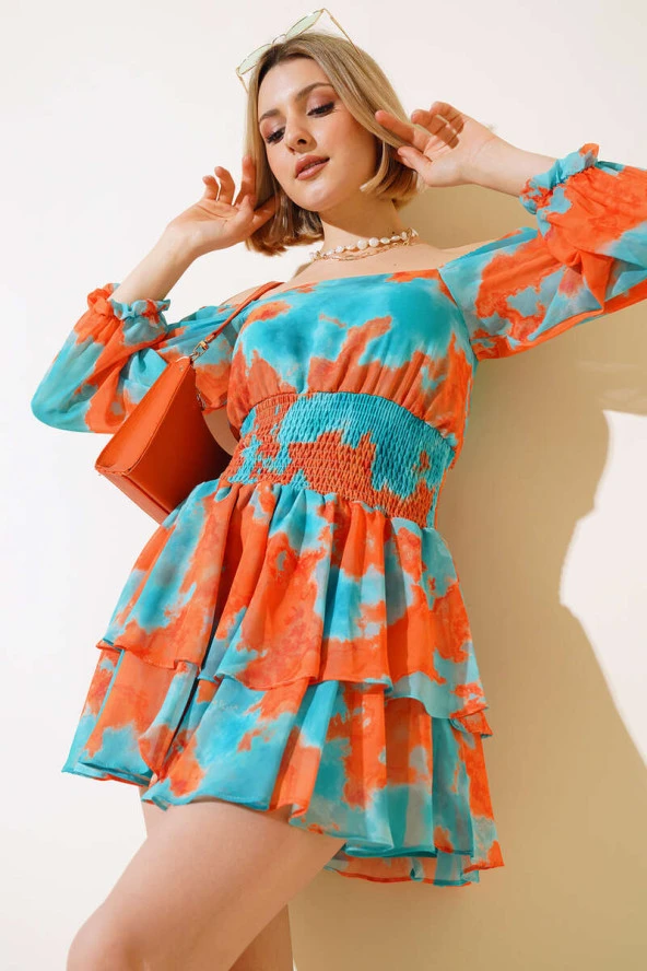 Ebru Desen Bel Büzgülü Fırfırlı Elbise Mint