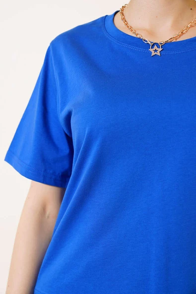 Bisiklet Yaka Basic T-shirt Saks - 4