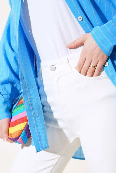 Yüksek Bel Boru Paça Kot Pantolon Beyaz - Resim 4