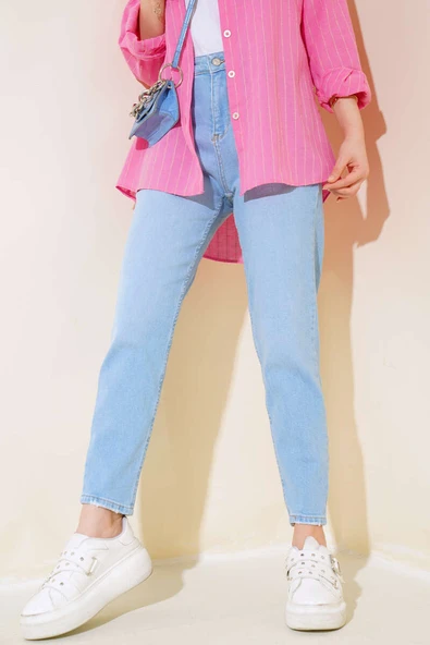 Mom Friend Düz Jean Pantolon Buz Mavisi - 2