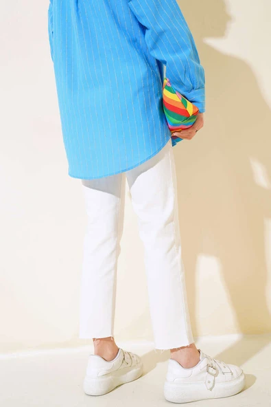 Yüksek Bel Boru Paça Kot Pantolon Beyaz - Resim 3