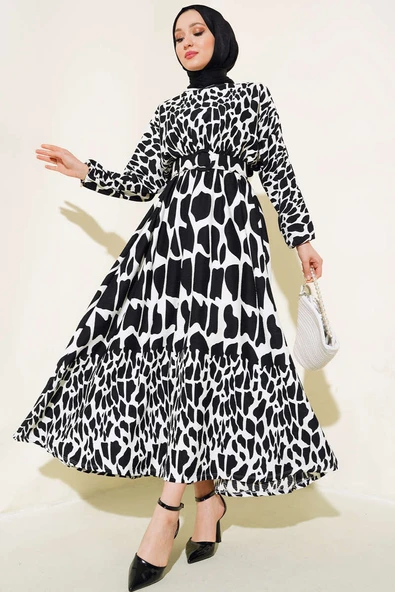 Desenli Kemerli Kırinkıl Elbise Siyah