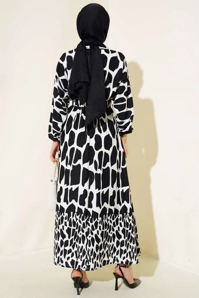 Desenli Kemerli Kırinkıl Elbise Siyah - 3