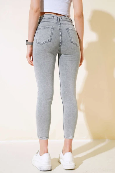 Dar Paça Kot Pantolon Gri Kar - Resim 3