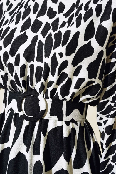 Desenli Kemerli Kırinkıl Elbise Siyah - 4