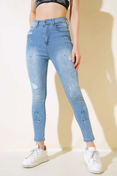 Dar Paça Renk Pigmentli Kot Pantolon Orta Mavi - Resim 2