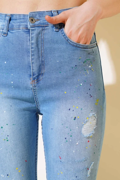 Dar Paça Renk Pigmentli Kot Pantolon Orta Mavi - 4
