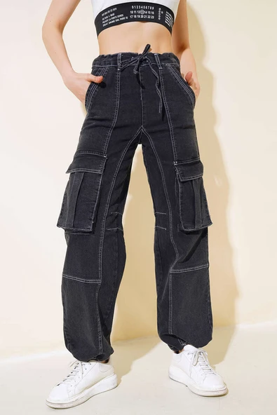 Beli İp Bağcıklı Kargo Cep Pantolon Füme ürün görseli 1