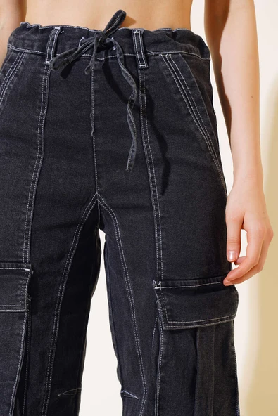 Beli İp Bağcıklı Kargo Cep Pantolon Füme - Resim 4