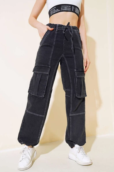 Beli İp Bağcıklı Kargo Cep Pantolon Füme - Resim 2