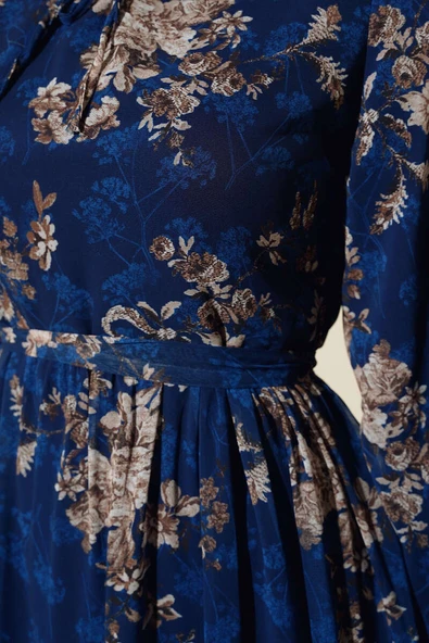 Çiçek Desenli Şifon Kat Elbise Lacivert - Resim 4