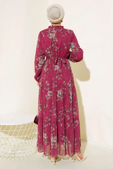 Çiçek Desenli Şifon Kat Elbise Bordo - Resim 3