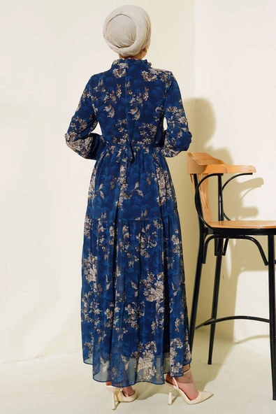 Çiçek Desenli Şifon Kat Elbise Lacivert - Resim 3