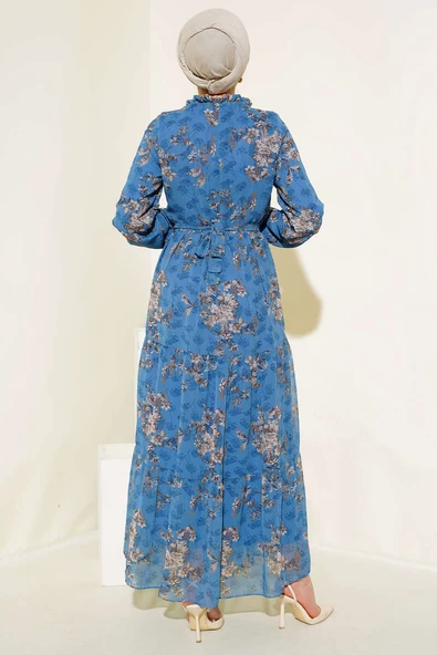 Çiçek Desenli Şifon Kat Elbise İndigo - Resim 3