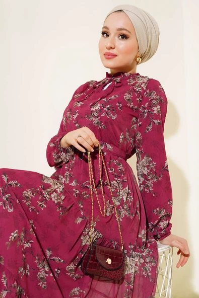 Çiçek Desenli Şifon Kat Elbise Bordo - Resim 2