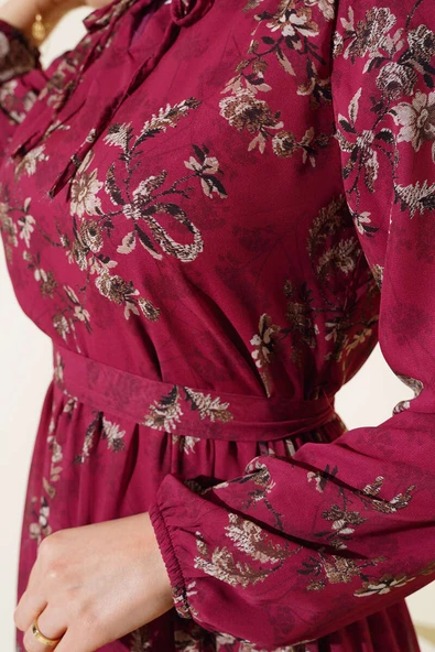 Çiçek Desenli Şifon Kat Elbise Bordo - Resim 4