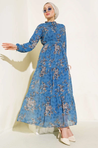 Çiçek Desenli Şifon Kat Elbise İndigo - Resim 2