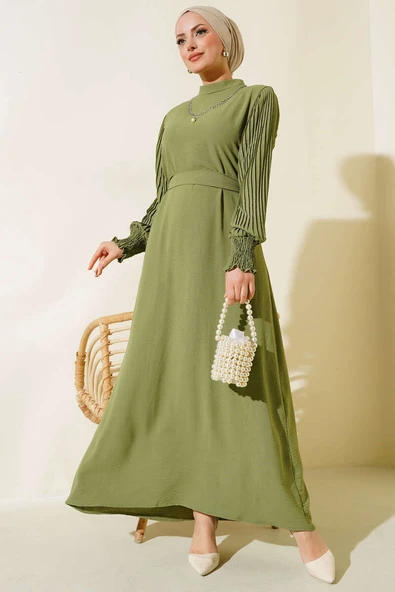 Kol Piliseli Elbise Çağla Yeşili ürün görseli 1