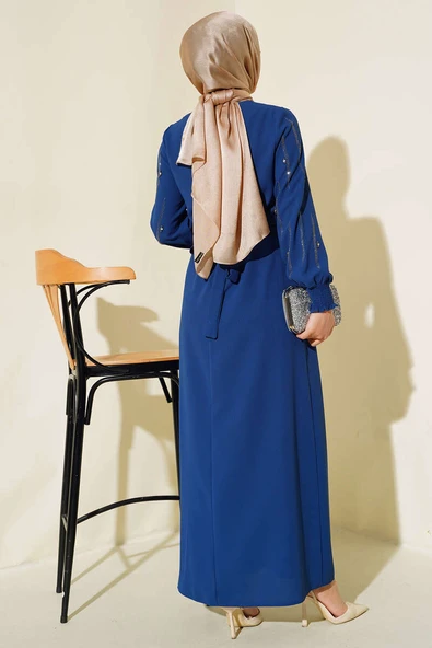 Kolu Taş Süslemeli Kuşaklı Elbise İndigo - Resim 3