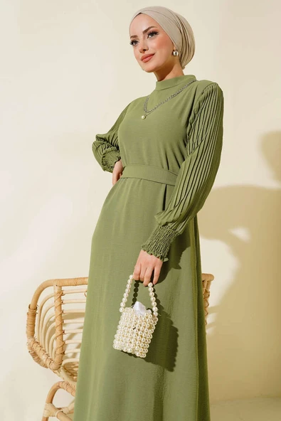 Kol Piliseli Elbise Çağla Yeşili - Resim 2