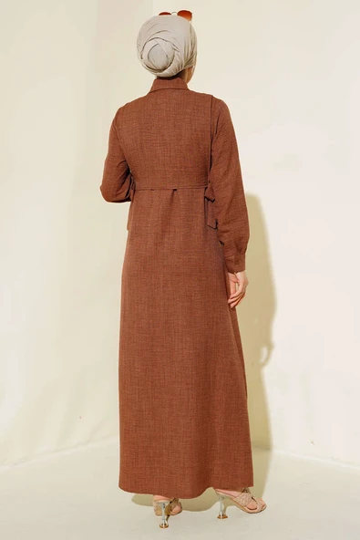 Yanları Bağlamalı Elbise Kahve - 3
