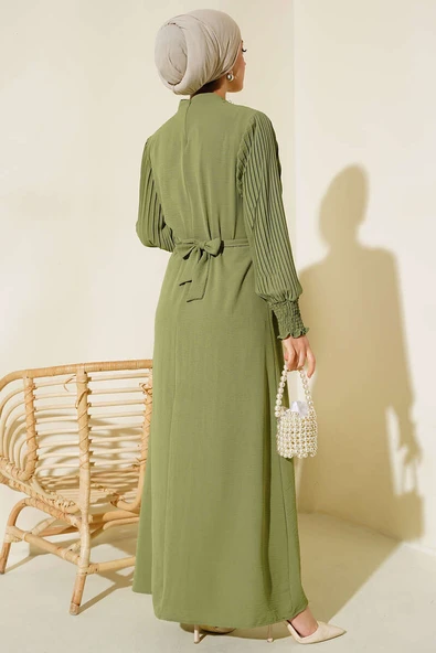 Kol Piliseli Elbise Çağla Yeşili - Resim 3