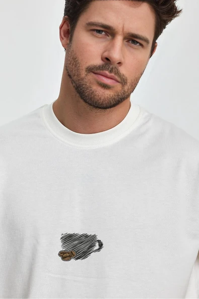 Erkek Oversize %100 Pamuk Bardak Baskılı T-shirt Ekru Edw042 - 2