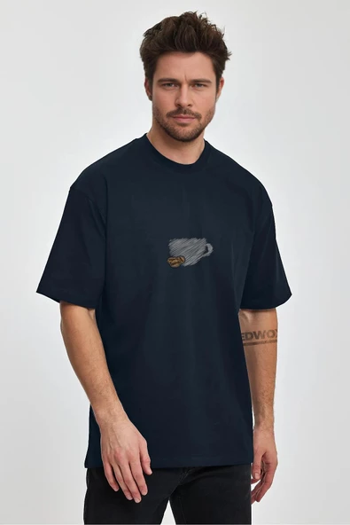 Erkek Oversize %100 Pamuk Bardak Baskılı T-shirt Lacivert Edw042