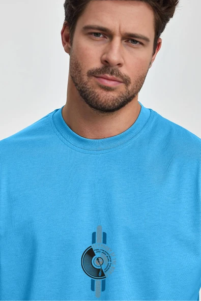 Erkek Oversize %100 Pamuk Symphony Baskılı T-shirt Mavi Edw044 - Resim 2