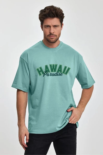Erkek Oversize %100 Pamuk Havaii Baskılı T-shirt Yeşil Edw046 - 1